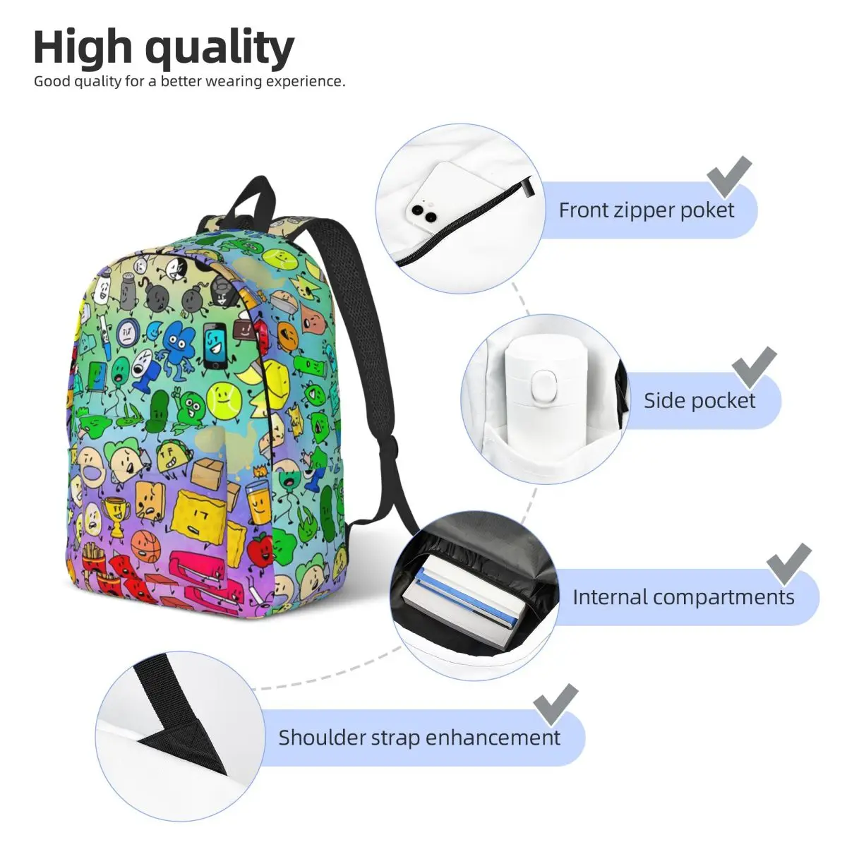BFDI Inanimate Insanity All Characters (Rainbow) Student Backpack School Bag Hiking Travel Daypack for  Shoulder Bags