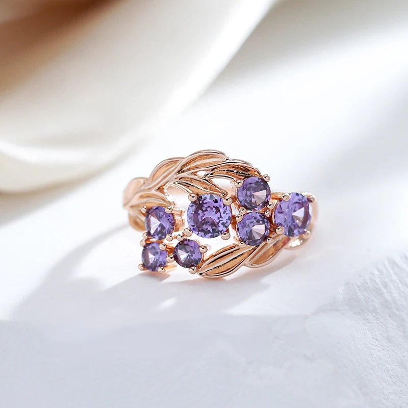 Kinel Shiny Purple Natural Zircon Ethnic Bride Wedding Rings 585 Rose Gold Color Vintage Women Jewelry Family Party Best Gift