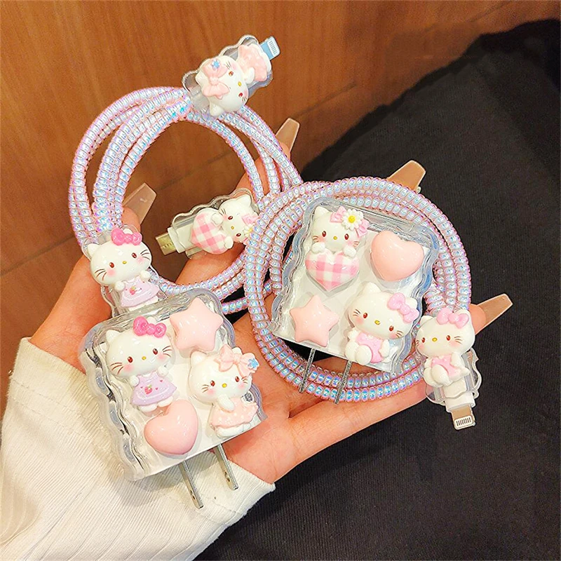 Kawaii Sanrio HelloKitty Charger Box Cartoon 20W Anime Anti Fall Charger Data Cable Anti Breakage Set for IPhone Pro 11 12 Max