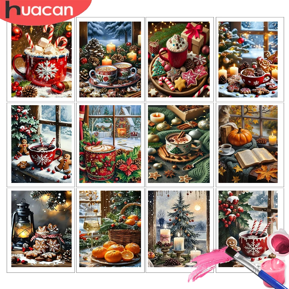 HUACAN Oil Painting By Numbers Set Tree Christmas Landscape Pictures Oil Paint Winter Snow Colorful Canvas Home Decor