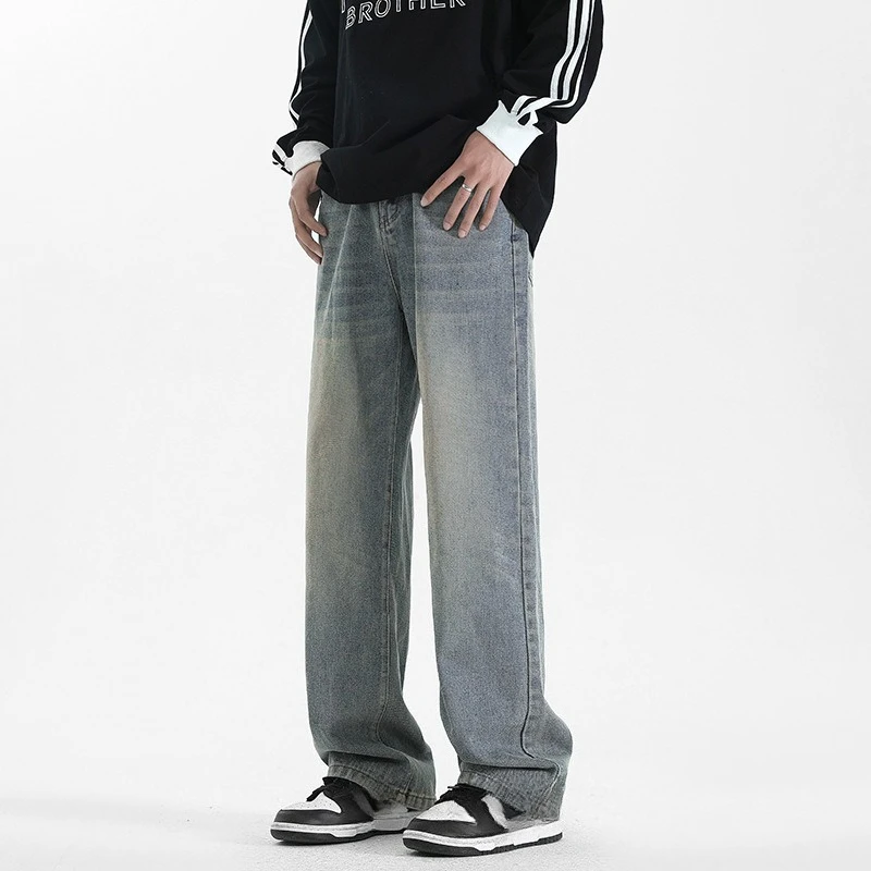 

Винтаж 2025 г., новые модные мужские повседневные модные свободные широкие прямые однотонные джинсовые брюки, мужские базовые простые джинсовые брюки