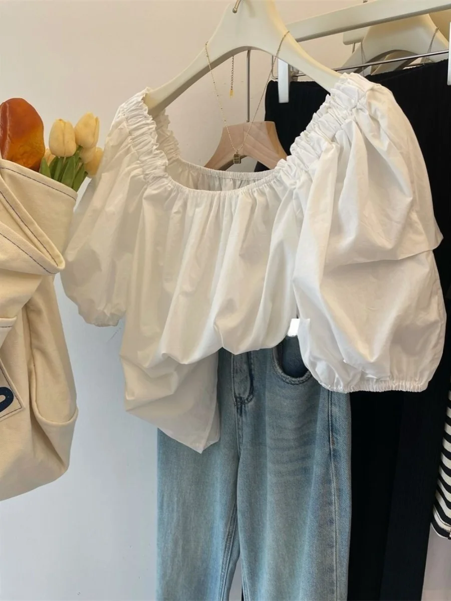 

Extra Large 300 Pounds Gentle Wind Square Collar Women's Summer Loose Belly Cover Fashionable Youthful One Shoulder Top