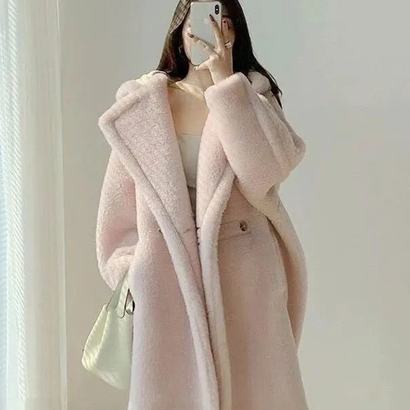 Women's Imitation Lambwool Jacket, Korean Elegant Overcoat, Casual Hooded Coat, Warm Lamb Wool Parker Coat, Autumn, Winter, New