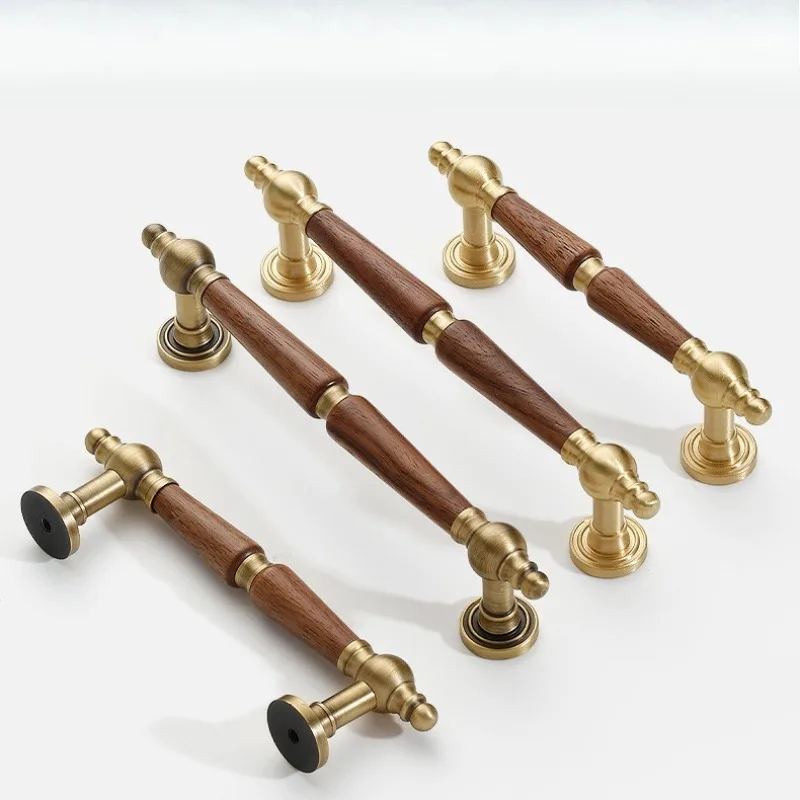 درج النحاس مقبض سحب العتيقة نمط العتيقة النحاس اللون خزانة باب خزانة ملابس مقبض خشب الجوز #6