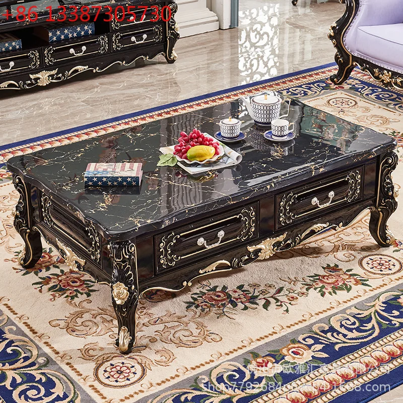 European solid wood carving flower marble surface tea table classical American light luxury living room furniture