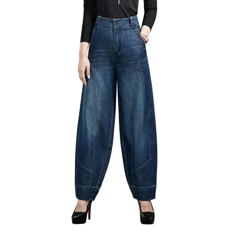 Large Size Loose Women Jeans Autumn Winter High Waisted Casual Embroidery Harun Pants Female Fashion Wide Leg Denim Pants Blue