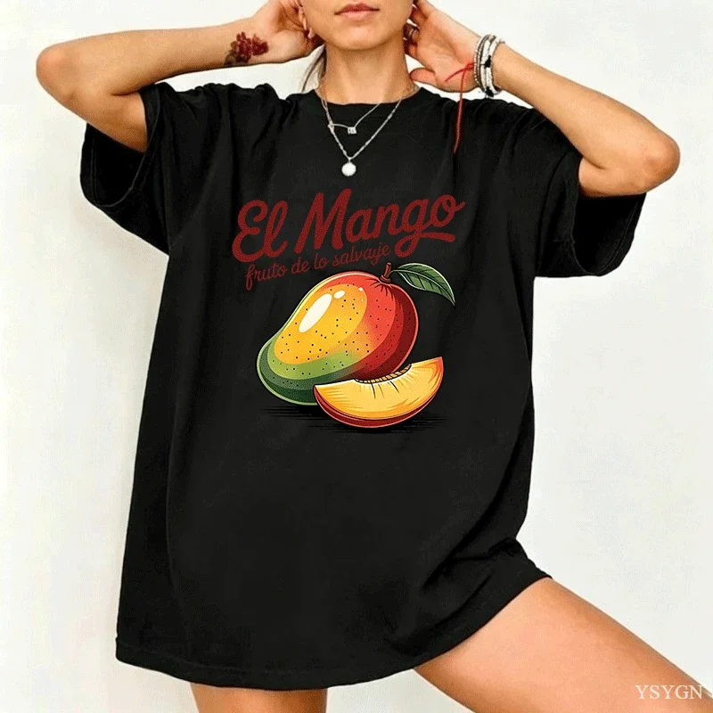 El Mango Spanish Tropical Fruit Graphic T Shirt Women Vintage Retro Slice Print Tee Cotton Loose Latino Summer Casual Tops