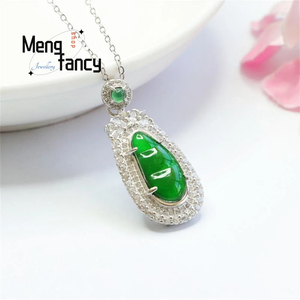 S925 Silver Inlaid Natural Jadeite Ice Seed Positive Green Four Season Beans Pendant Exquisite High-grade Luxury Fashion Jewelry