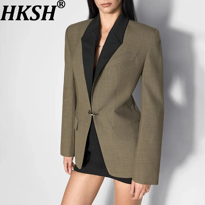 

HKSH Autumn New Women Stylish Blazer Contrast Color Spliced Single Button Turn-Down Collar Elegant Fashion High-End Coat HK11090