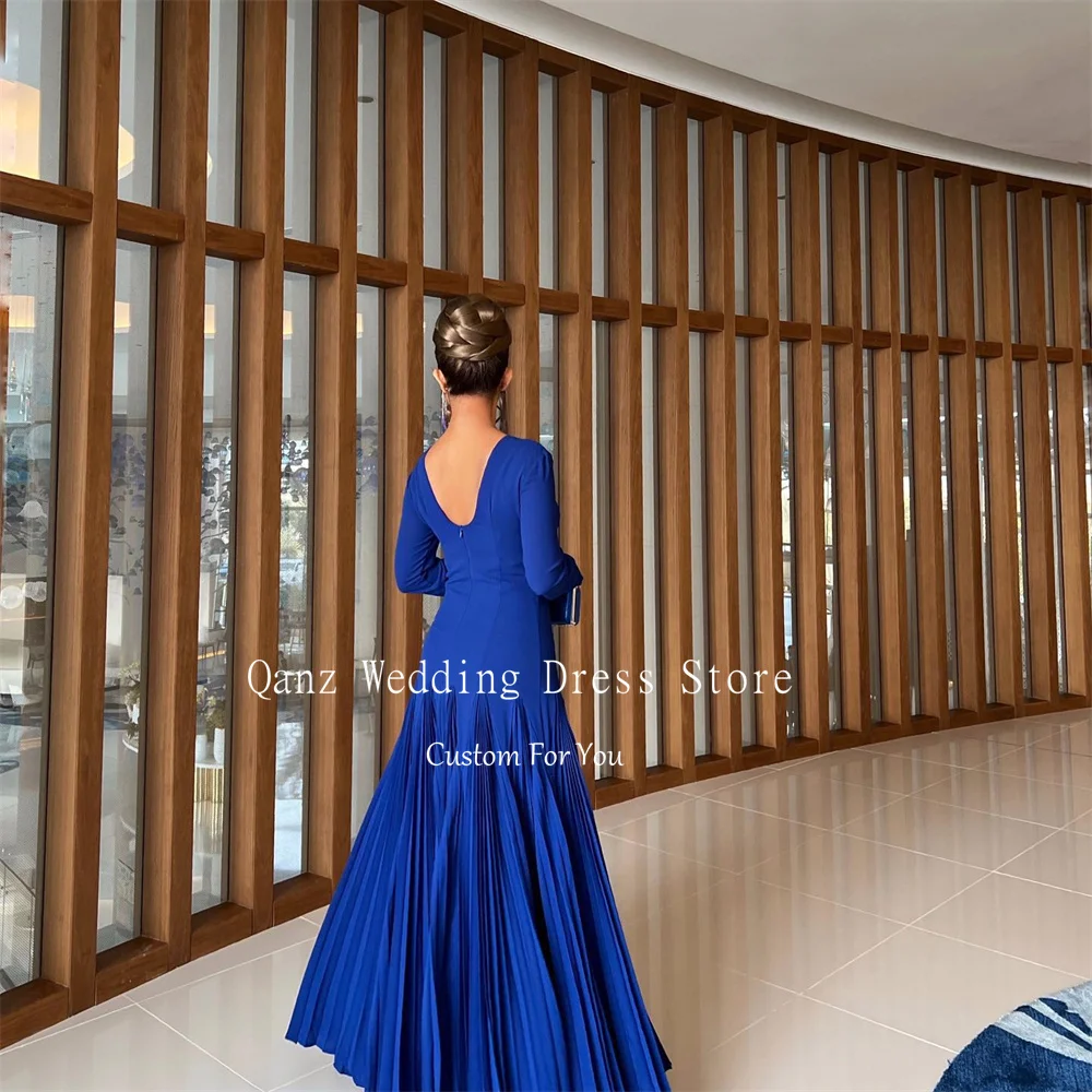 Qanz Royal Blue Evening Dresses Long Sleeves  A Line Wedding Party Gowns Arabic Dubai  Vestidos Formais Elegantes Customized