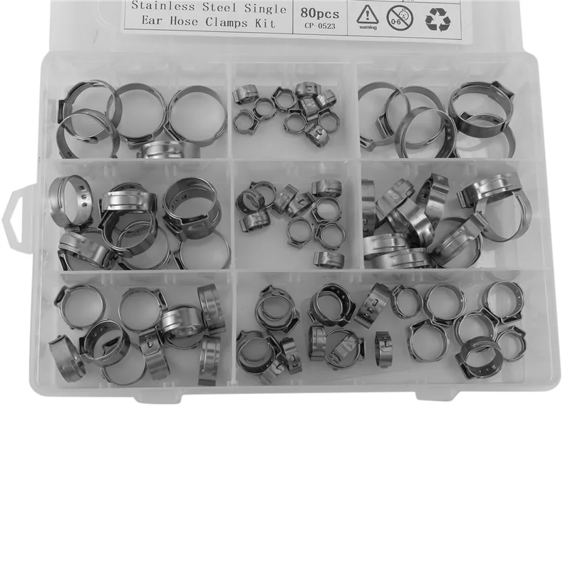 

BHBD-Stainless Steel Single Ear Hose Clamp, 160Pcs 6-23.6Mm Crimp Hose Clamp Assortment Kit Ear Stepless Cinch Rings Crimp