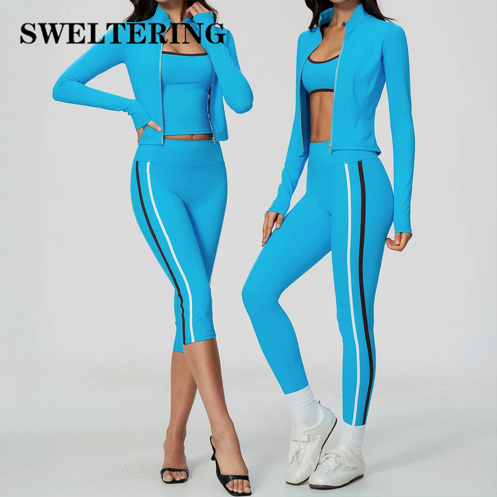 Contrast Color 3PCS Yoga Set Women Zipper Long Sleeve High Waist Leggings Fitness Outfit Female Gym Workout Clothes Sportswear