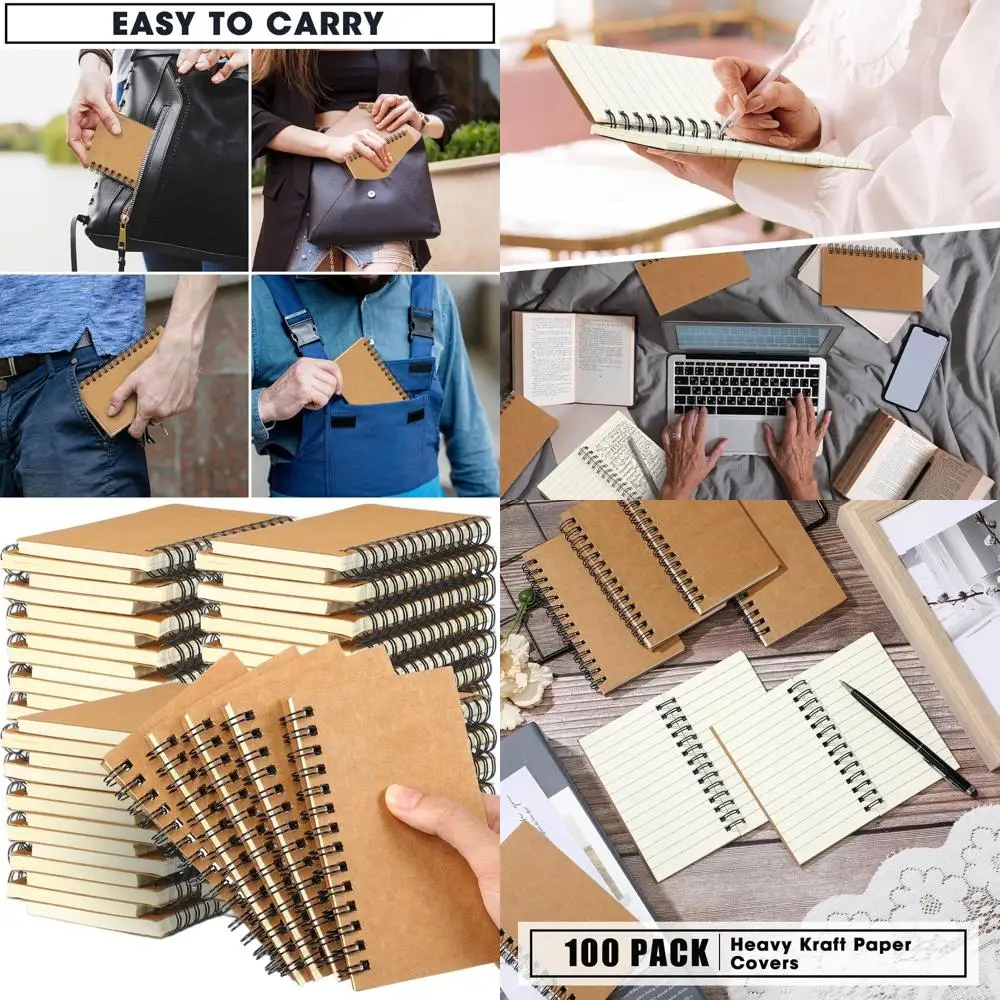

100-Sheet 5x3 Inch Spiral Notebooks - Pocket-Sized Ruled Kraft Cover Notebooks for Writing, Sketching, and Business