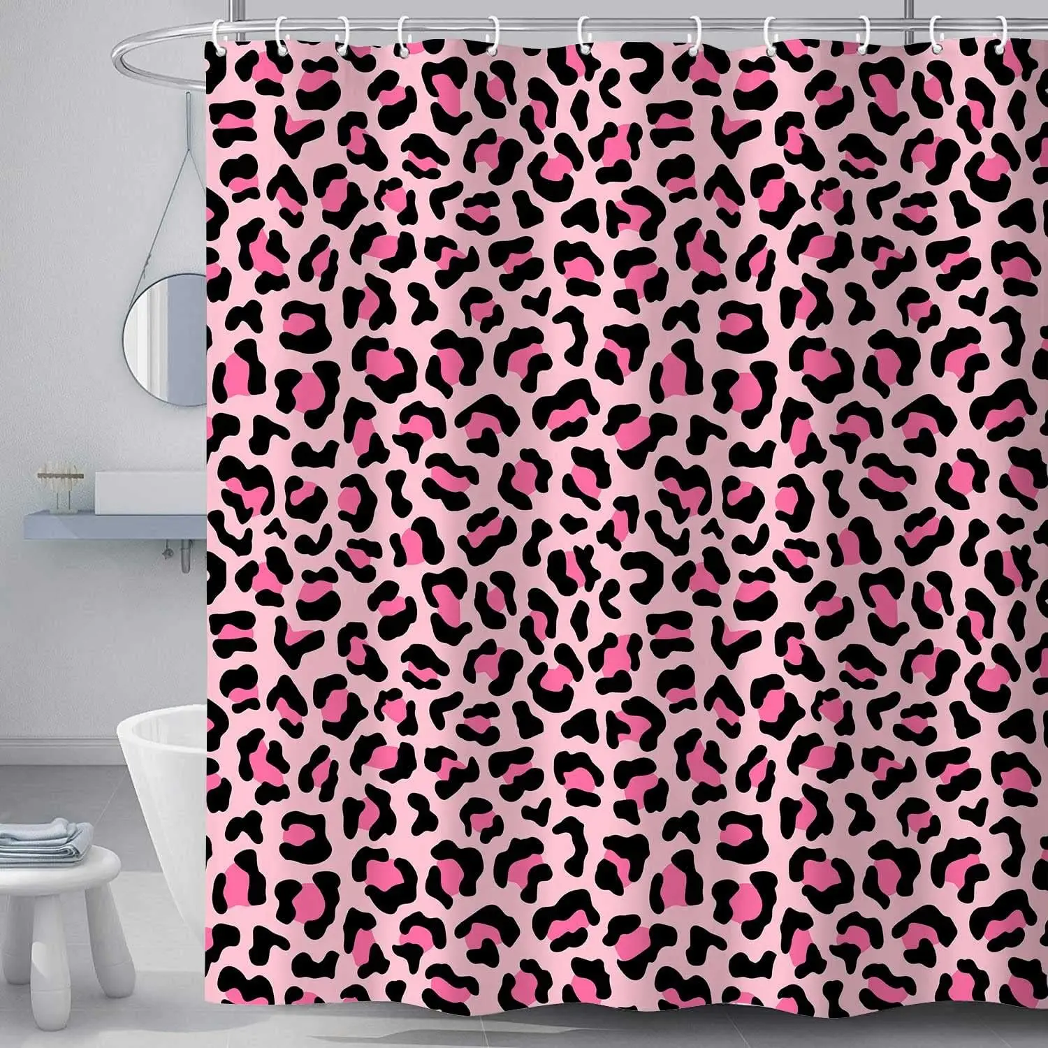 Pink Leopard Print Shower Curtain, Sexy  Tub Bath Curtains, Cheetah Skin Pattern Bathroom Decor for Girl Shower Curtain Set with