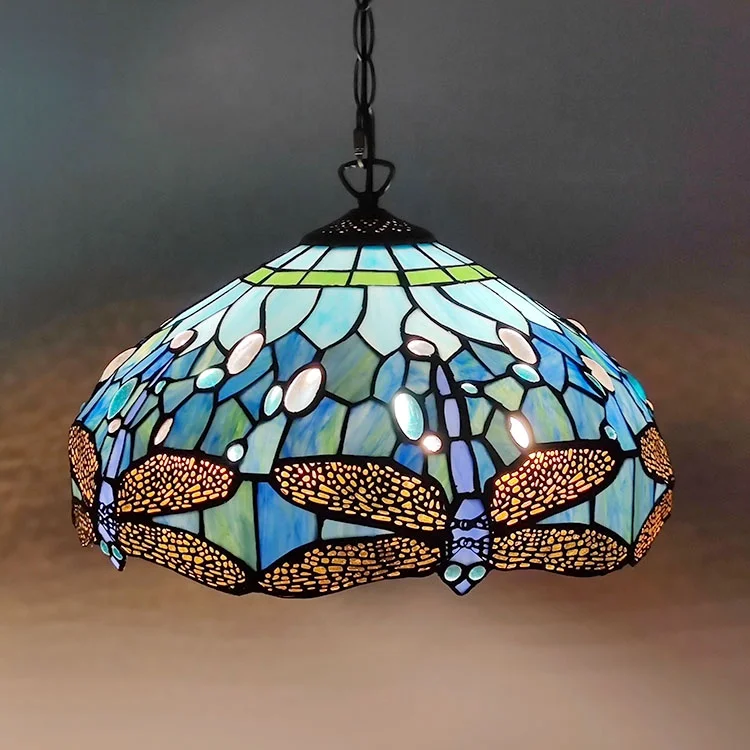 

LongHuiJing Tiffany Style Hanging Pendant Lamp 16Inch Wide Sea Blue Stained Glass Lampshade 2Light Handmade Ceiling Lamp Deco