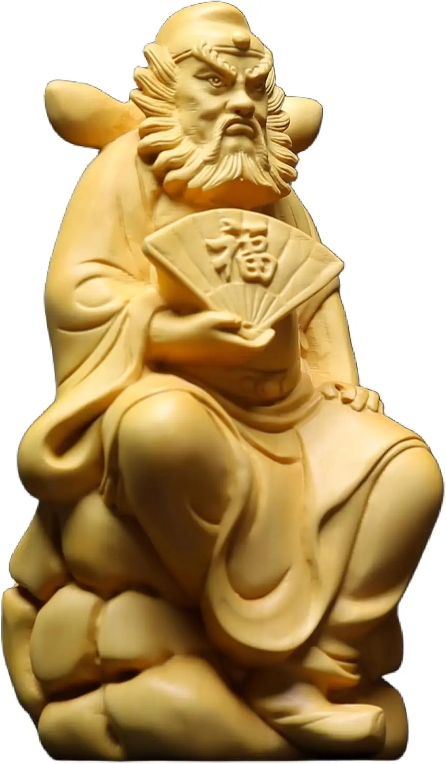 Hand Carved Boxwood Zhong Kui Statue Figurine - Demon Slayer Guardian Lucky Blessing Solid Wood Sculpture Home Office Desk Decor