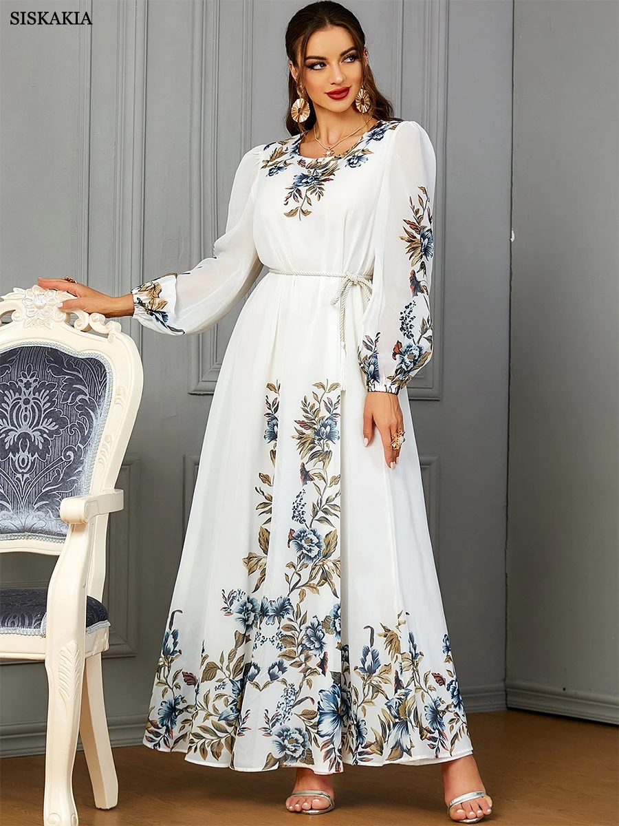 Siskakia Dresses With Long Sleeves Floral Print Luxury Muslim Abayas For Women Dubai Moroccan Fashion Elegant Evening Dress