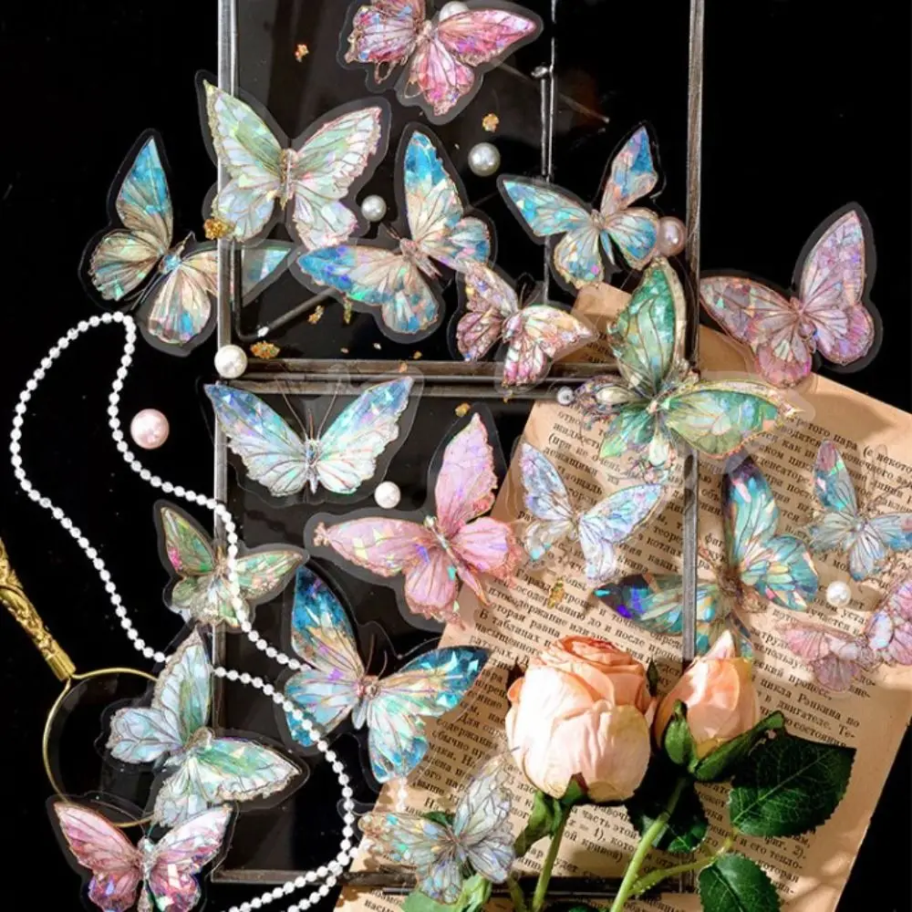 Pegatina de mariposa láser de cristal de hielo hecha a mano, pegatina de Collage de mariposa estética decorativa Retro, PET, manualidades DIY,