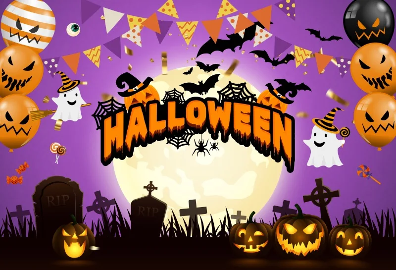 Cartoon Halloween Backgrounds Full Moon Bat Witch Tomb Terrible Night Party Scene Photographic Backdrops For Photo Studio