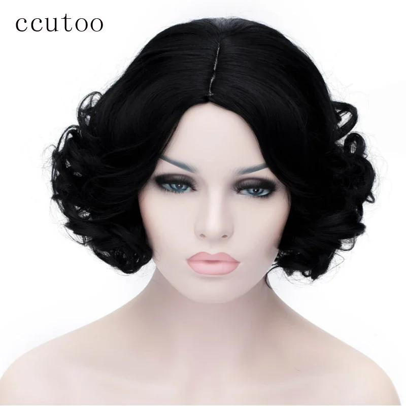 ccutoo 35cm Short Curly Black Synthetic Snow White Cosplay Wigs Heat Resistance Parting Styled Costume Wigs