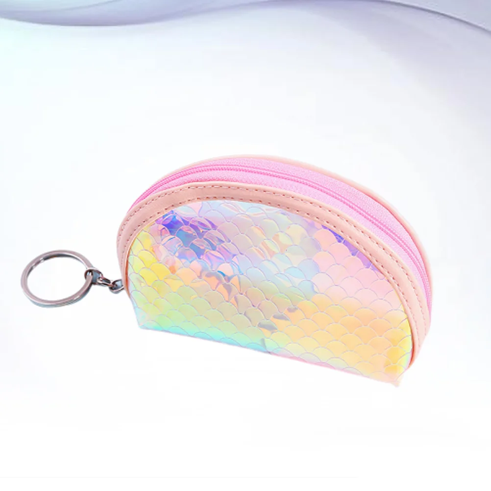 

3Pcs Holographic Change Purse Tpu Maiden Style Bright Color Coin Wallet Zipper Holder Fish Scales Pattern Semicircle Trapezoidal