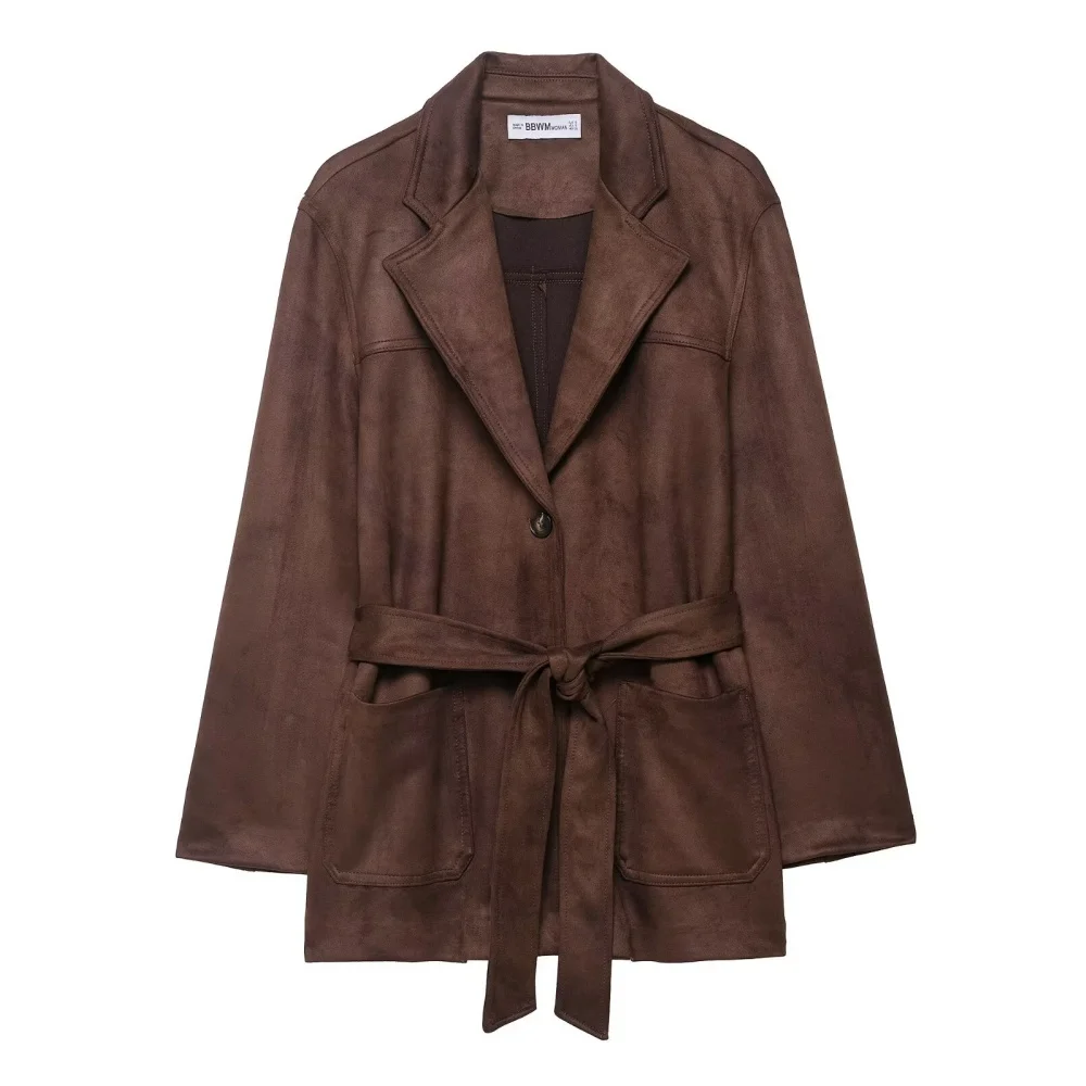 

UNIZERA 2025 new women's casual and fashionable European and American style design with belt and suede effect jacket jacket