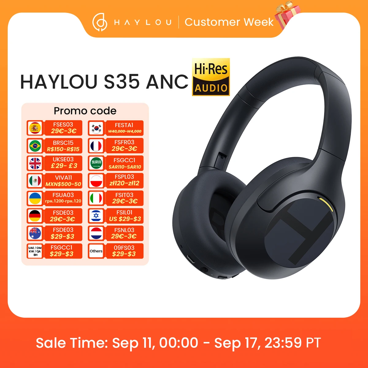 HAYLOU S35 ANC Wireless Bluetooth 5.2 Headphones 42dB Over-ear Noise Cancellation Headsets 40mm Driver 60H Playtime Earphones