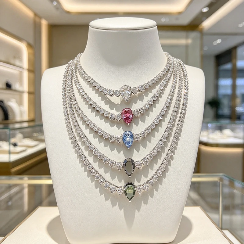 Smyoue Water Drop Moissanite Tennis Necklace for Women Female Choker Chain Gradient Round Stone Real S925 Silver Full Diamond