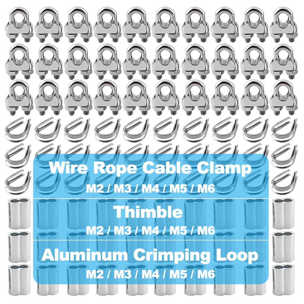 

M2-M6 304 Stainless Steel Cable Clamp Kit with U-shaped Cable Clamp Chicken Heart Ring Aluminum Sleeve for Wire Rope Suspension