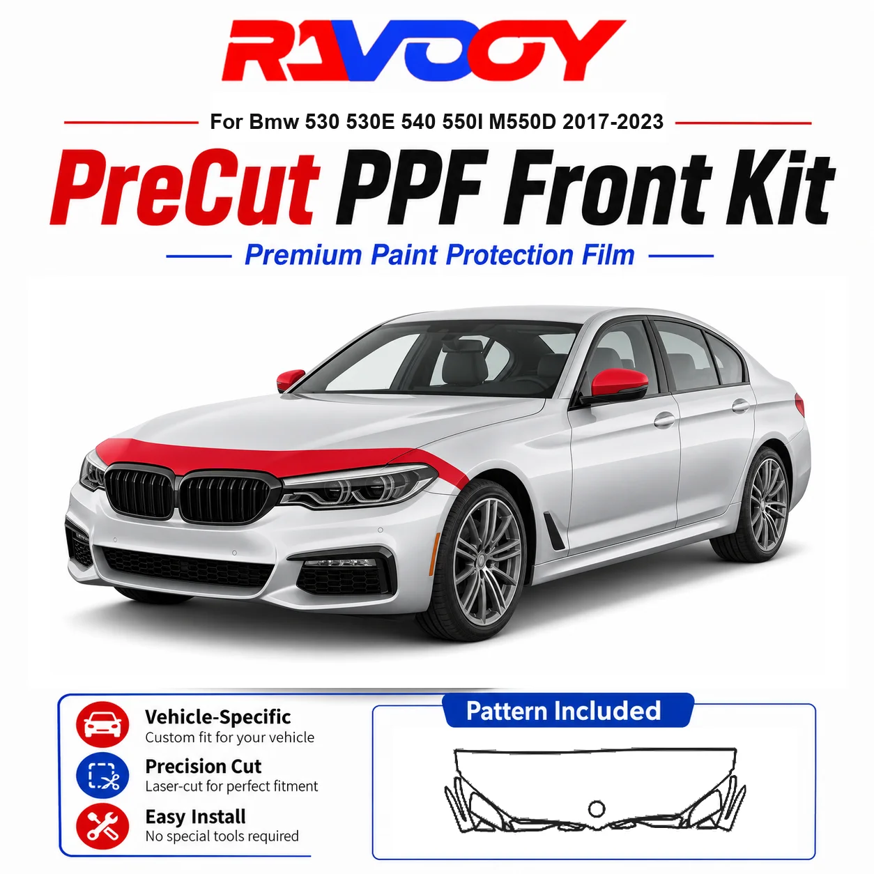 

8.5mil TPU Precut PPF Kit For BMW 530 530E 540 550I M550D 2017-2023 - Hood, Fenders & Mirror Set - Self-Healing Clear Bra Film