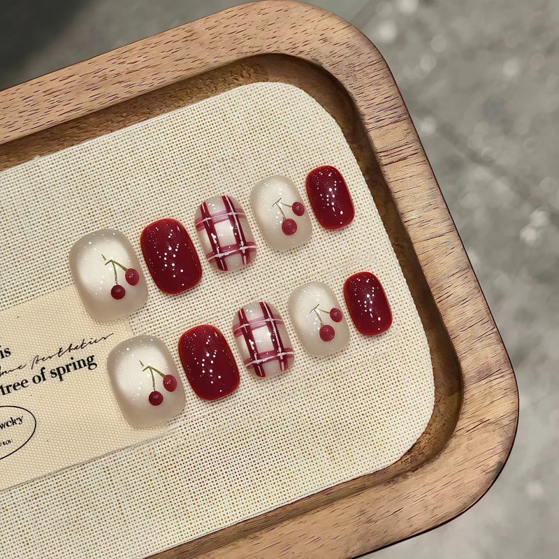 10PCS Cherry Red Short Press on Nails Simple Full Cover Sweet Polka Dot Design Women&Girl Removable Wearable Nail Art Nail Tips