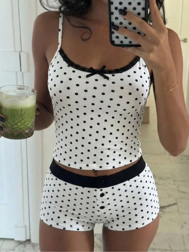American Fashion Polka Dot Printing Lace Camisole Girl Vest Shorts Two-Piece Suit Vintage Contrast Bow Decoration Suit view 5