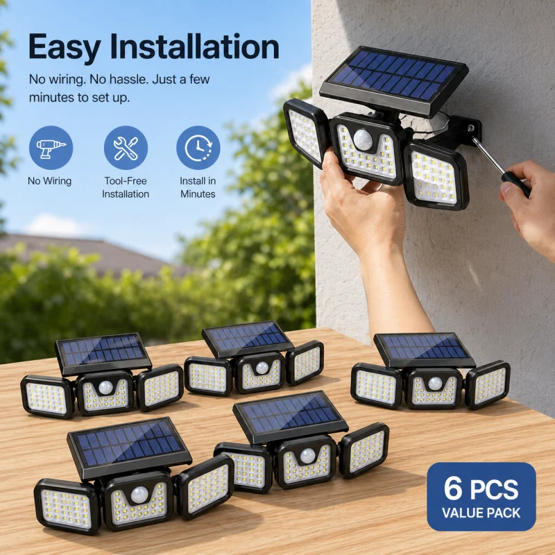 

6-Pack Solar-Powered Motion Sensor Lights with Three Bulbs and High-Brightness LED Bulbs, Ideal for Outdoor Lighting