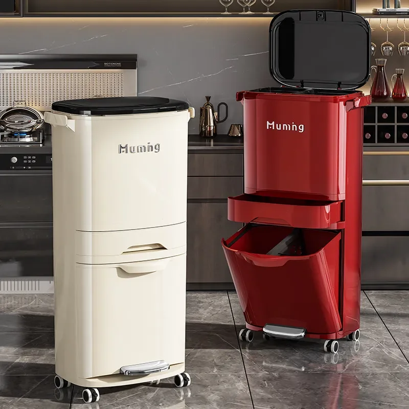Large Pedal Kitchen Trash Bin with Wheels Lid Removable Wet Dry Separation Sorting Storage Bucket for Household Use