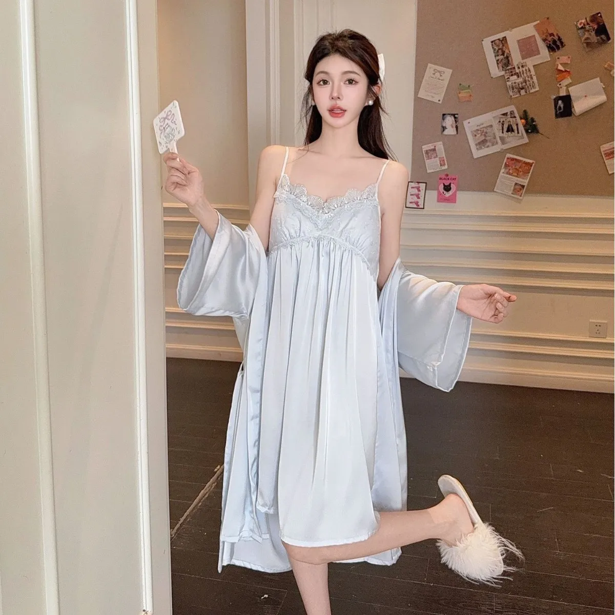 

2PC Robe Suit Women Rayon Bathrobe Gown Sleep Set Summer Homewear Sleepdress Casual Kimono Sleepwear Nightgown