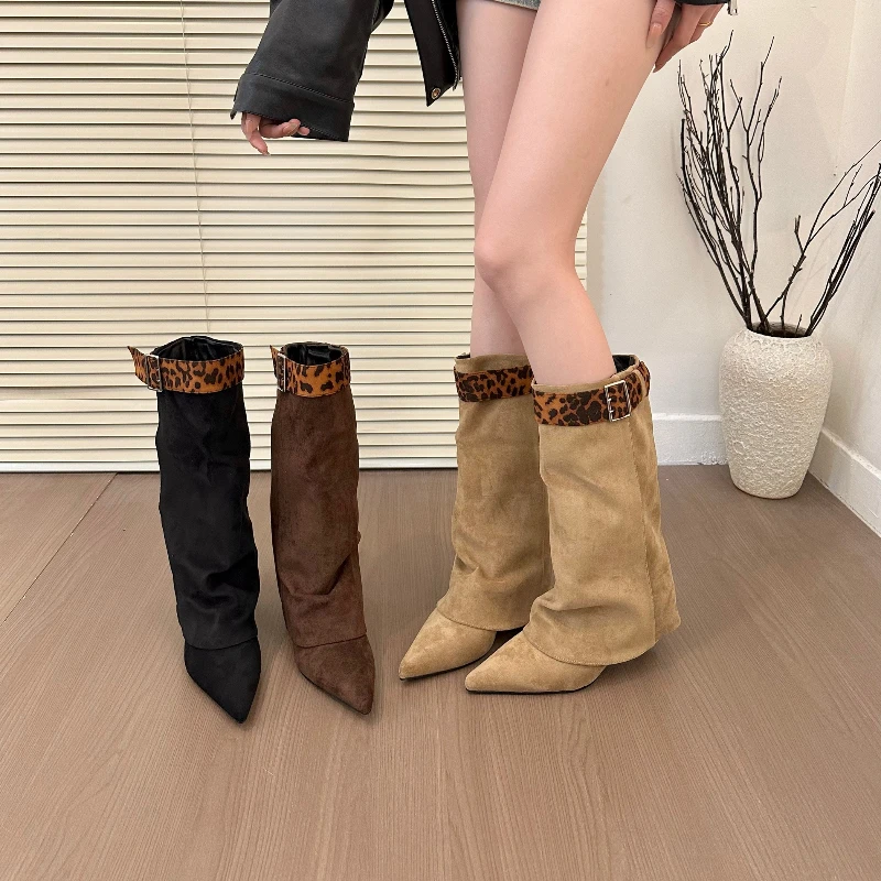

2025 New Women Fashionable High Quality and Versatile Pointed Toe Boots Suede Fashion Heeled Boots Women’s Winter Boots