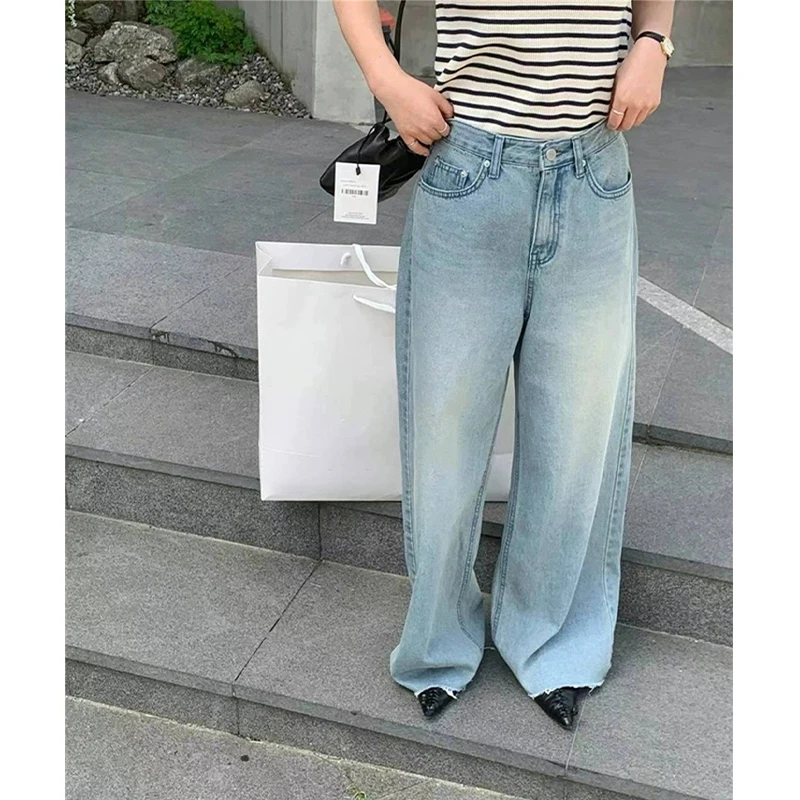 レトロな大胆な東大門25サマーウエディングストレートレッグカジュアルジーンズレディースルーズフィットロングパンツデニムブルーLウエスト