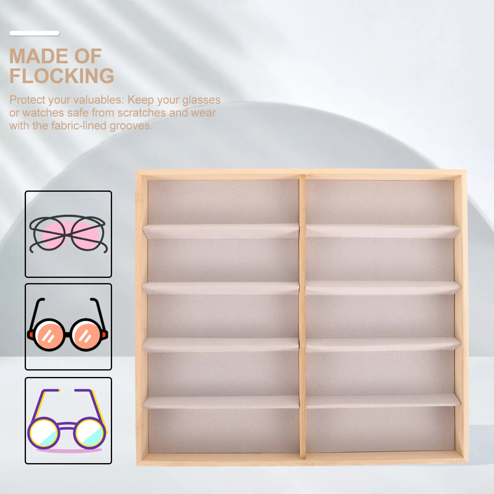 Sunglasses Holder Organizer 10-Slot Bamboo Display Stand for Glasses Watches Scratch-Resistant Flocking Vanity Desk Shelf Use