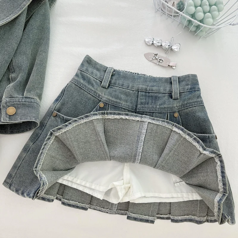 

2025Girls Fashionable Lapel Denim Suit Autumn New Style Jacket and Skirt Two-Piece Set