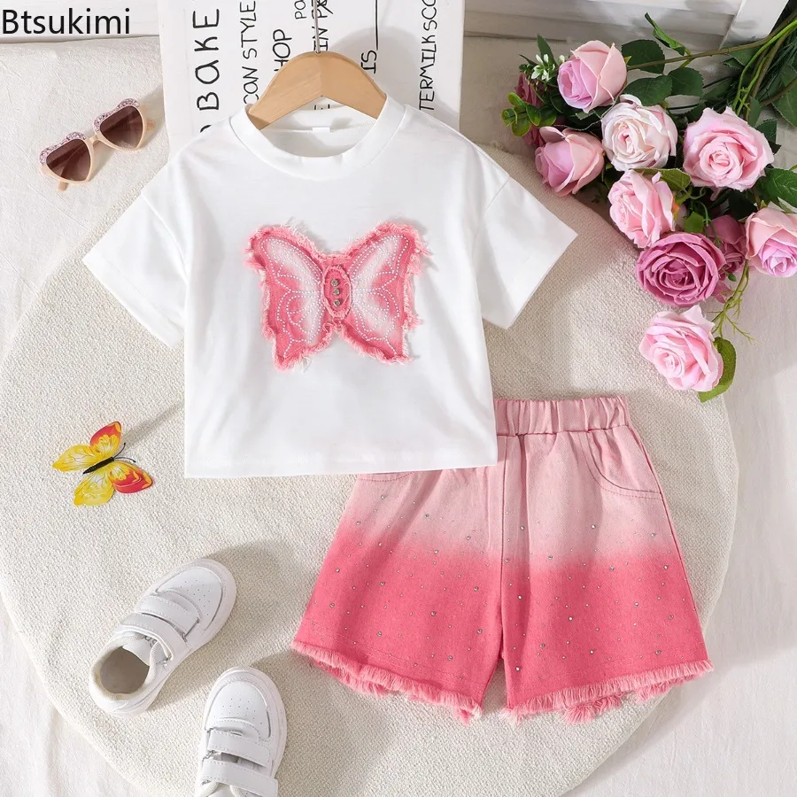 Children Girls' White Butterfly Print Short Sleeved+gradient Pink Denim Shorts Casual Two-piece Set Summer Children's Clothing