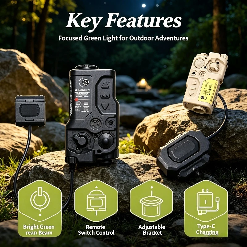 Green Beam LED Light with Remote Switch, Bright Focused Light, Adjustable Bracket, Outdoor Night Camping & Hiking Accessory