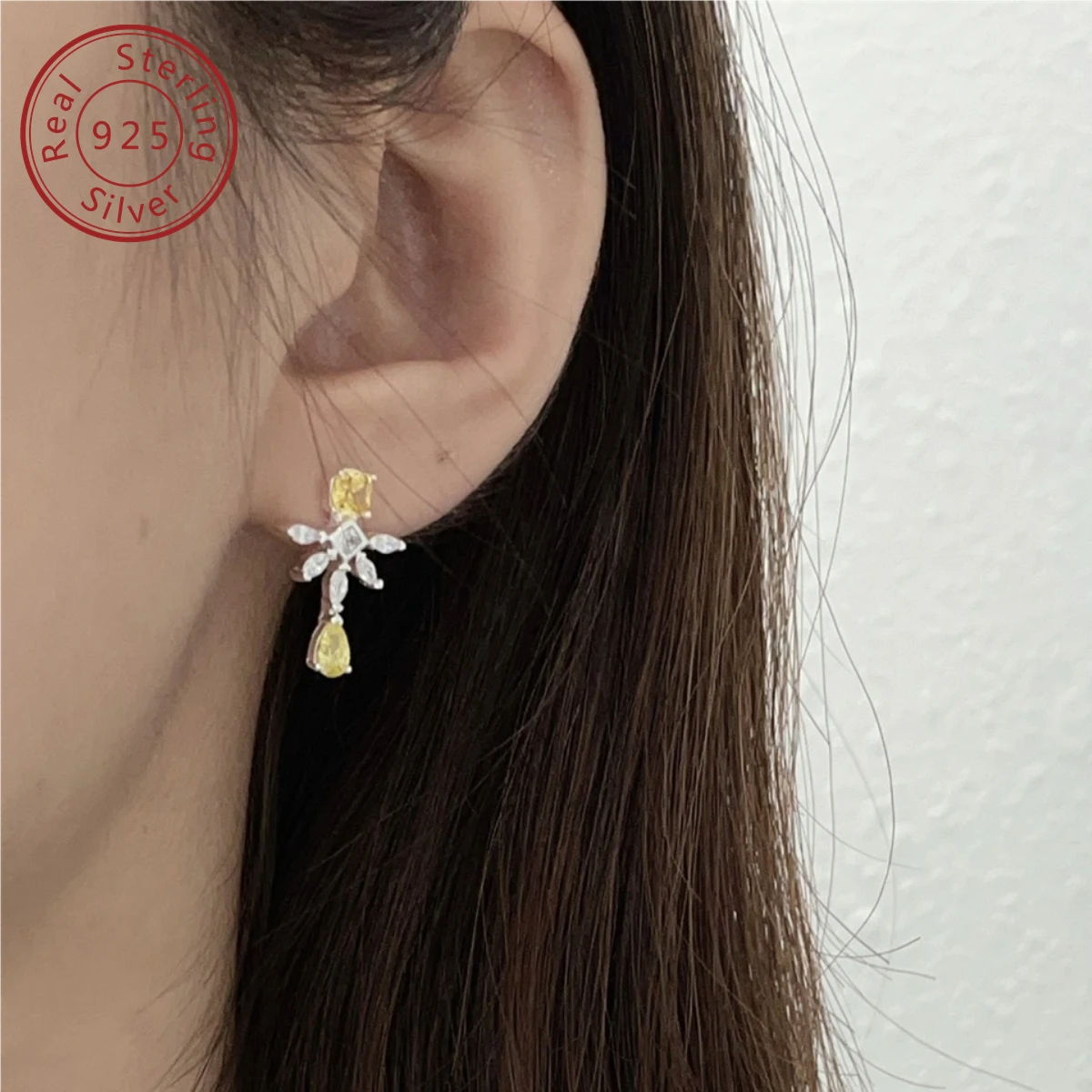 925 silver yellow diamond water droplet earrings, niche cold bland and personality, light luxury senior feeling