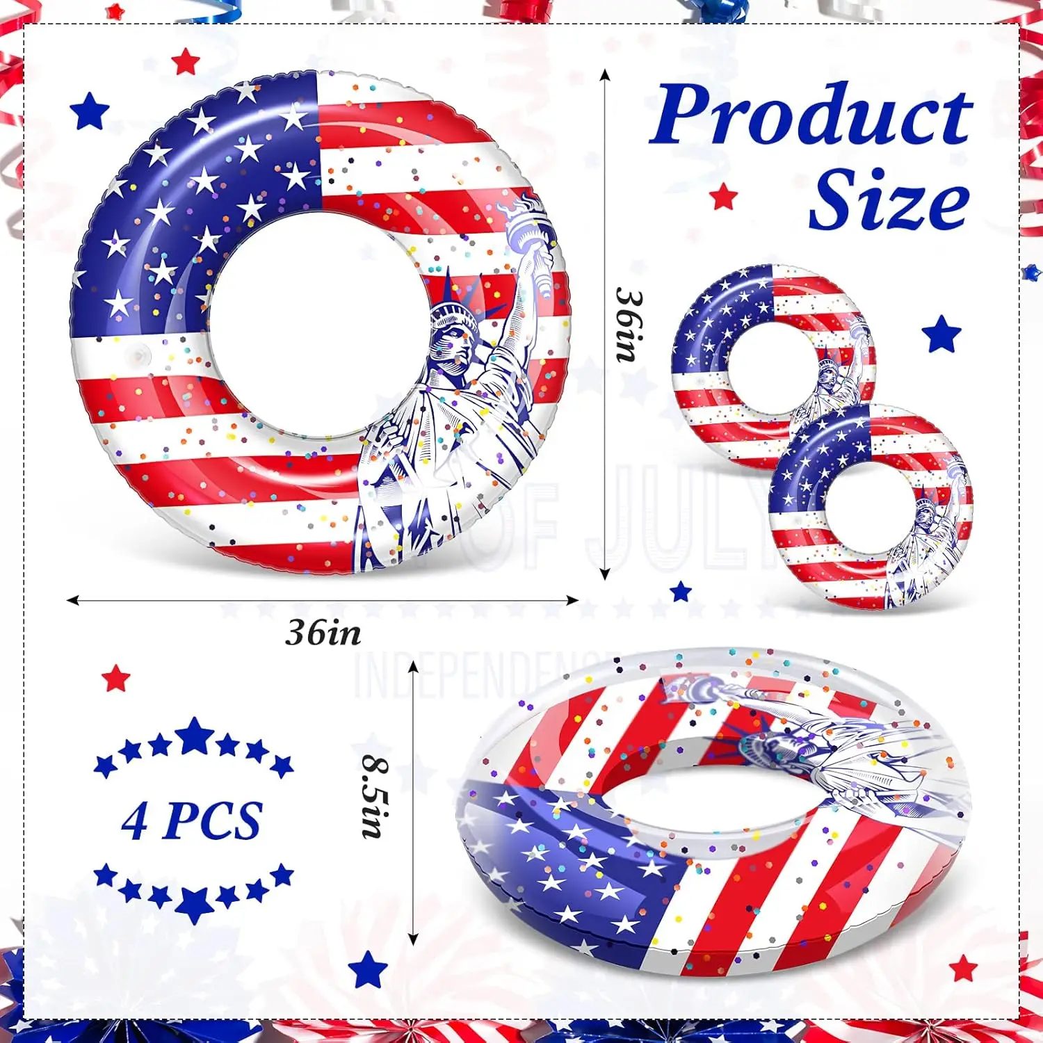 4 Pcs 4th of July Pool Float USA Patriotic Swim Tube 36 Inch American Flag Inflatable Pool Floats Adult America Pool Tube Large