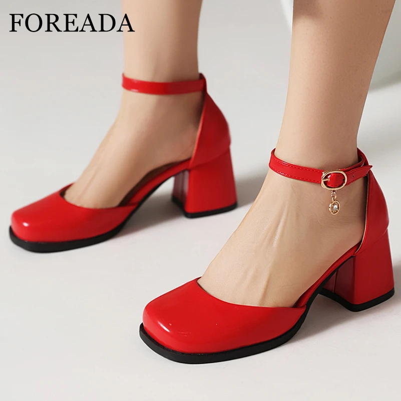 

FOREADA Women Patent Leather Ankle Strap Two-Piece Pumps Square Toe Chunky High Heels Buckle Ladies Fashion Shoes Spring Autumn