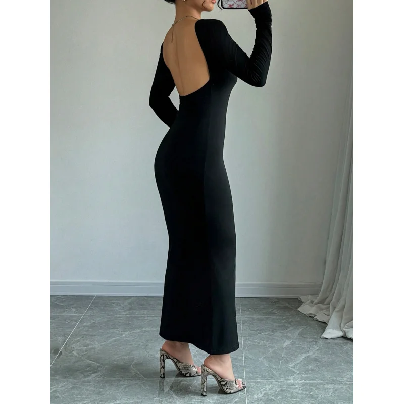 Robe longue Sexy de Style Mature, dos nu, taille haute, moulante, longueur cheville, pour femmes, automne hiver