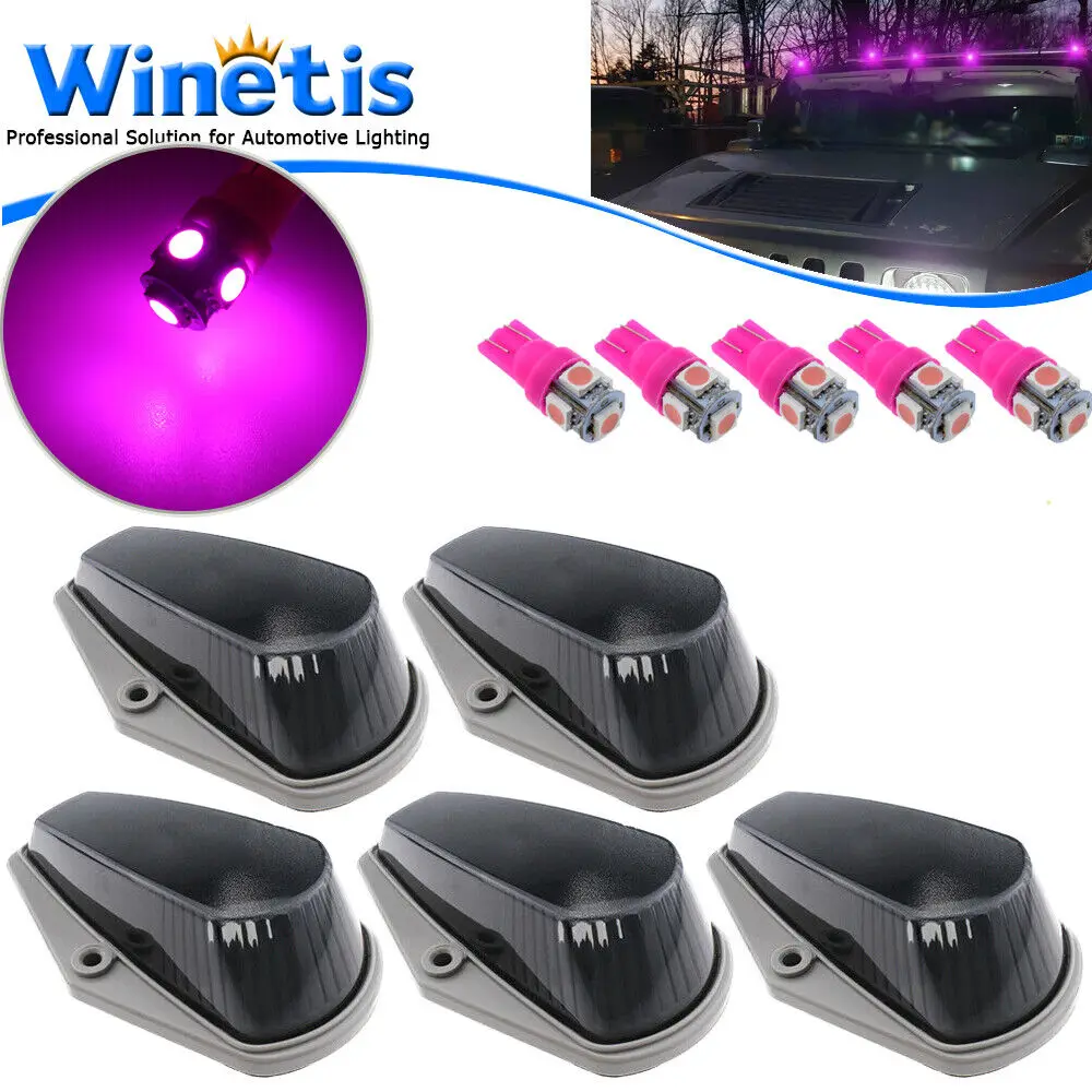 5Pcs Smoked Lens Pink/Purple LED Cab Roof Top Marker Running Light Bulbs Assembly Kit for Ford F150 F350 1980-1997