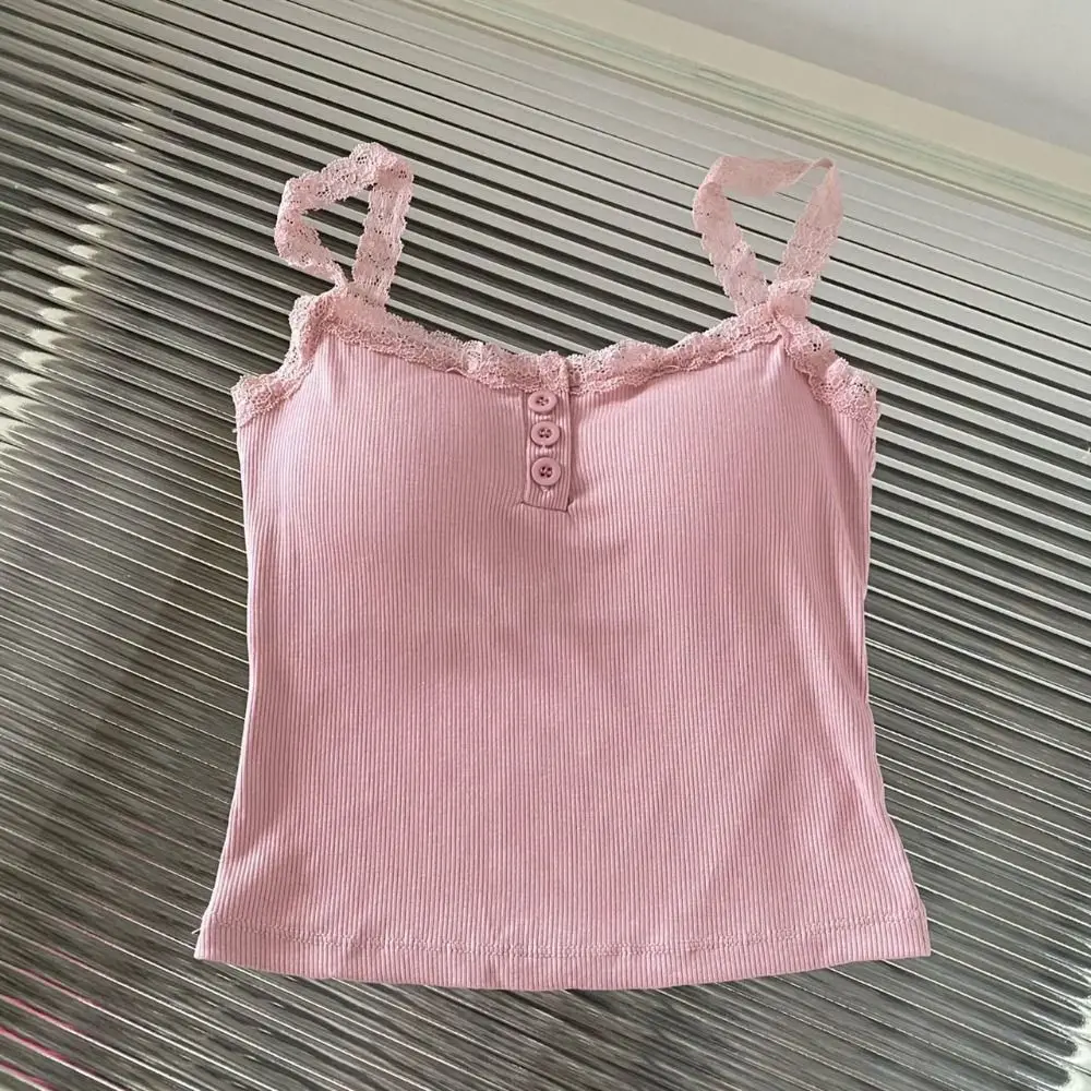 New Cotton Lace Camisole Breathable Lace Trim Crop Top Solid Color Underwear with Chest Pad