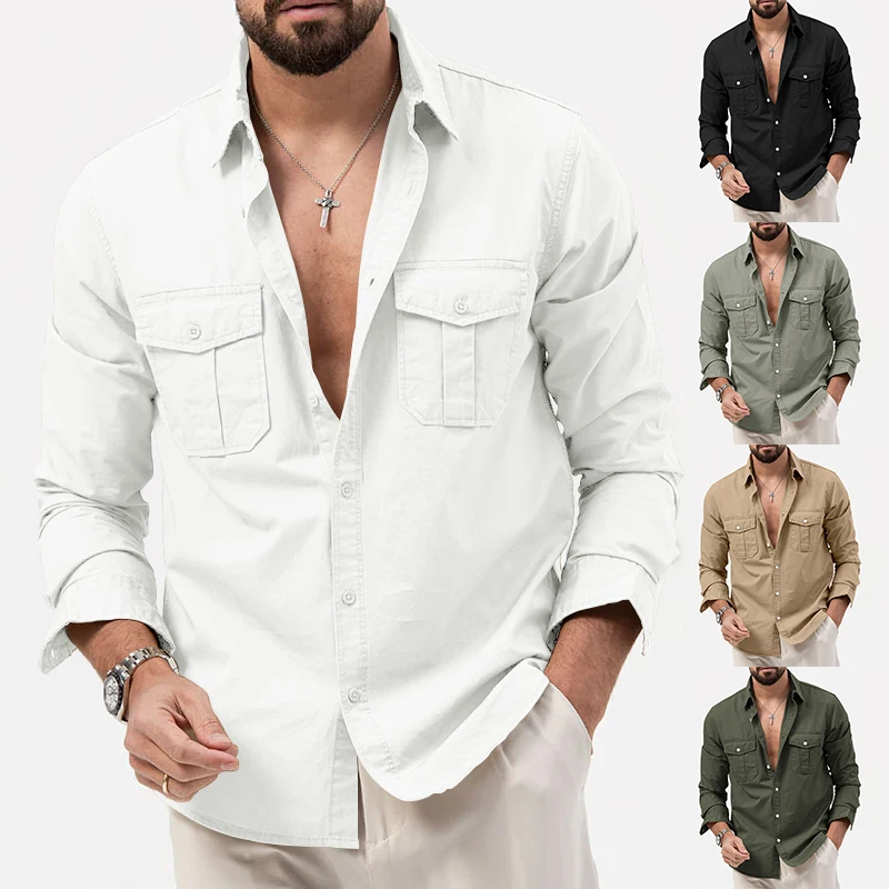 

2024 New Spring and Autumn Men's Shirt with Black and white Multiple Pockets, Solid Color Casual Long Sleeve Top