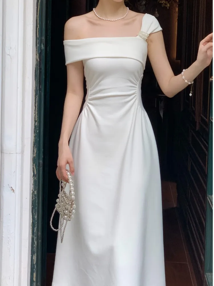 Women Summer Elegant Causal Midi Dress Vintage Slim A-Line Party Prom Vestidos Female Chic Solid Birthday Clothes Robe New