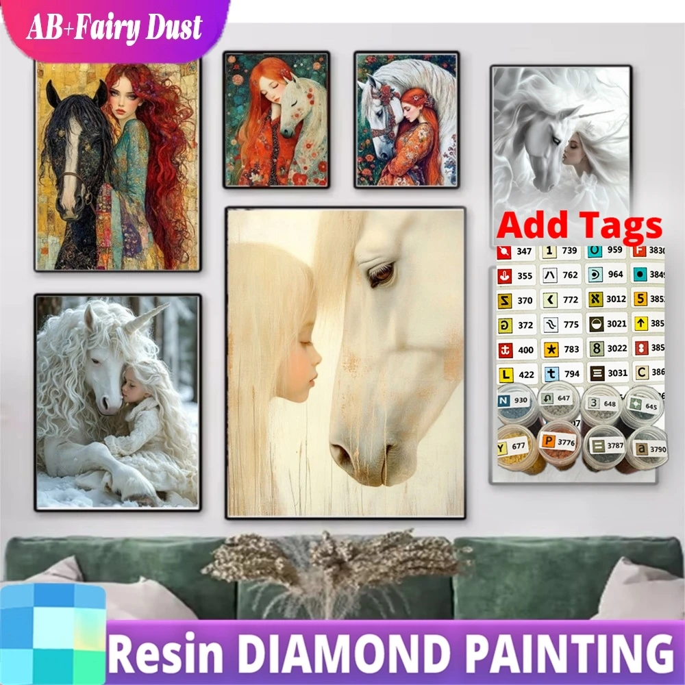 

Набор для алмазной вышивки Resin Fairy Dust AB DIY 2026 Nova: Полностью кристаллическая мозаика 5D, квадратные и круглые стразы, вышивка крестом, дизайн «Девушка на лошади» E